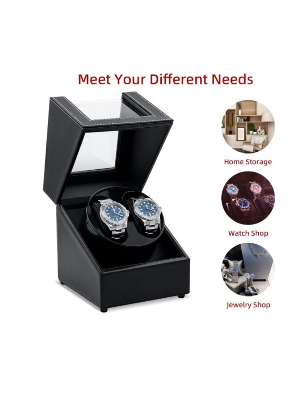 Double Watch Winder Box for Automatic Watches Quiet Motor Black PU Leather